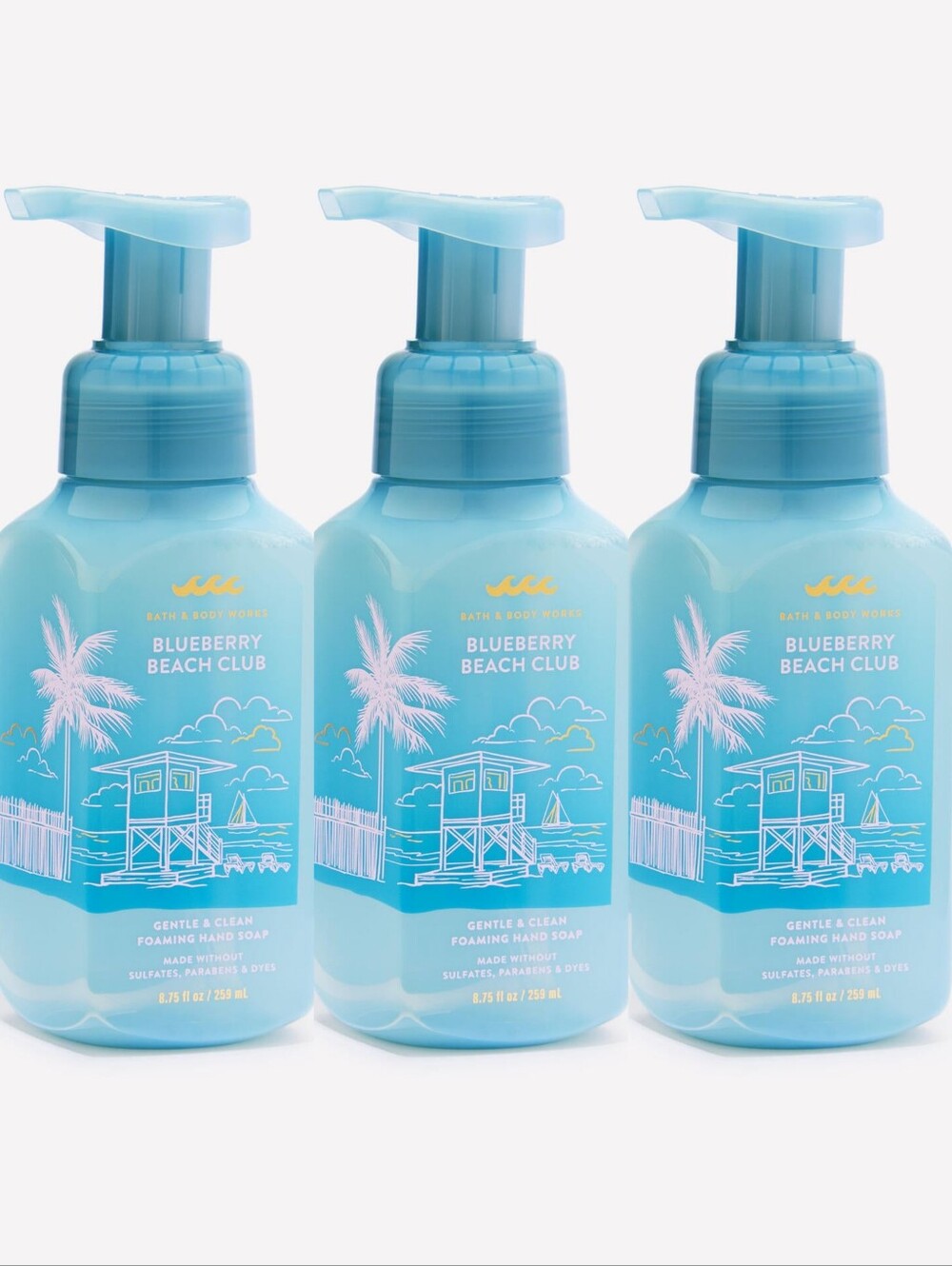 Bath Body Works Blueberry Beach Club Gentle Foaming Hand Soap Set of 3 NEW RARE